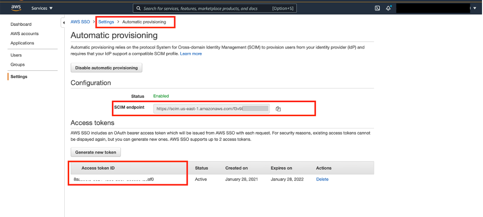 Copy the SCIM endpoint (also known as the SCIM Base URL) and the Access token (also known as a SCIM Bearer token).