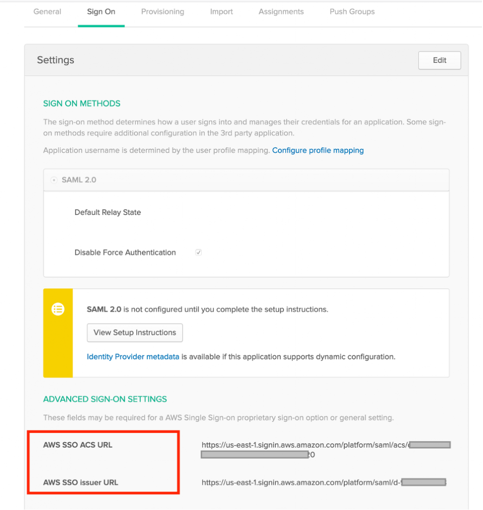 Select Sign On and enter the AWS SSO issuer URL and AWS SSO ACS URL details gathered from AWS SSO in the previous section.