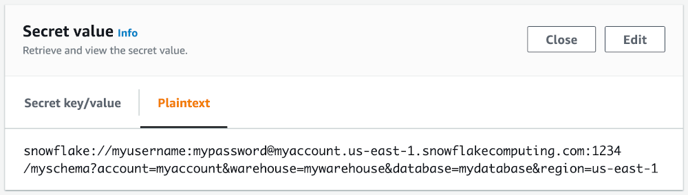 screenshot showing snowflake://myusername:mypassword@myaccount.us-east-1.snowflakecomputing.com:1234/myschema?account=myaccount&warehouse=mywarehouse&database=mydatabase®ion=us-east-1