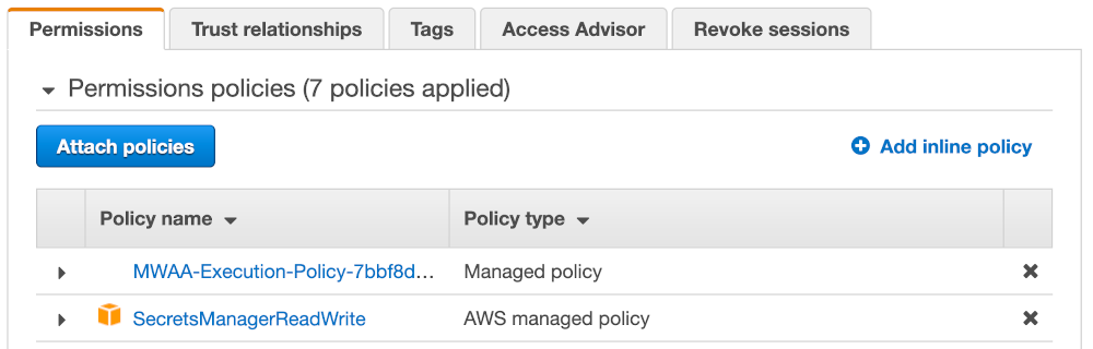 screenshot of 7 permission policies applied