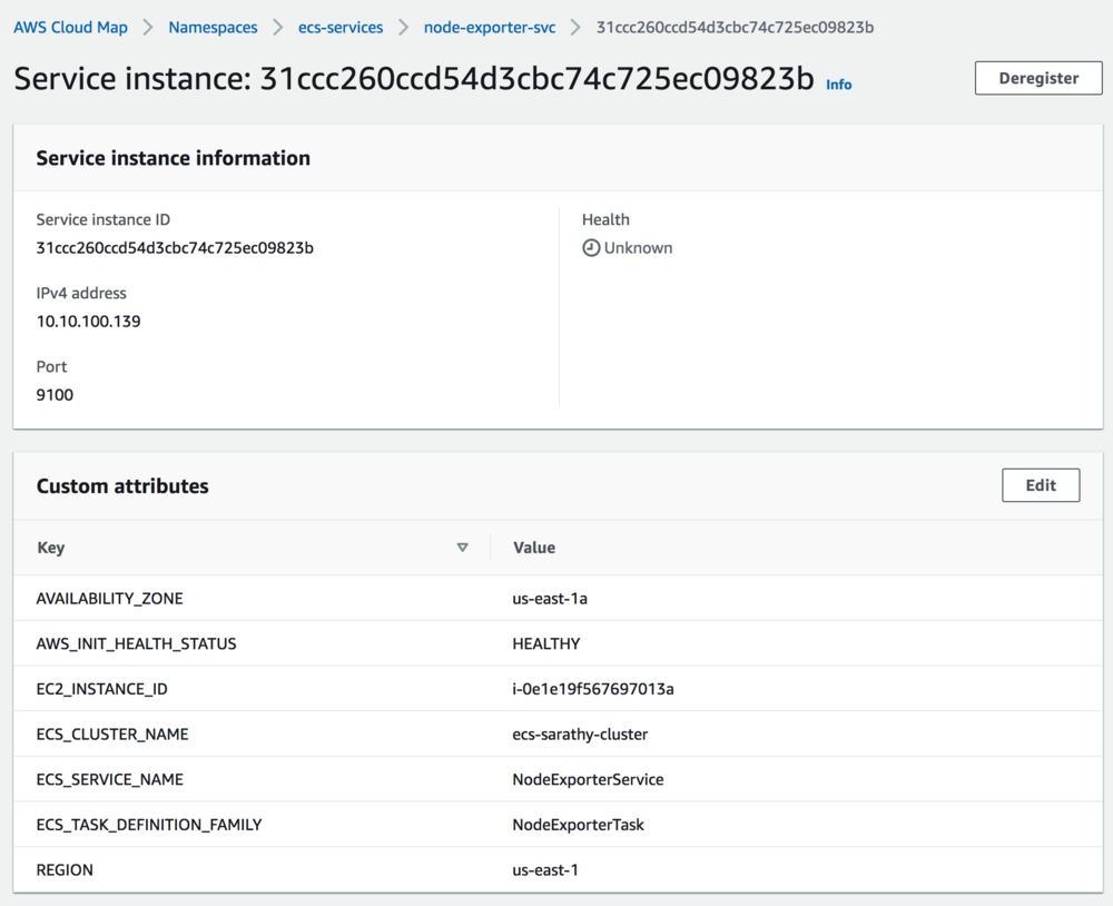 Screenshot showing metadata associated associated with service discovery instance in CloudMap.