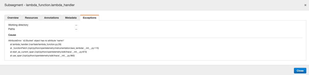 AWS X-Ray Service Map showing error trace details.