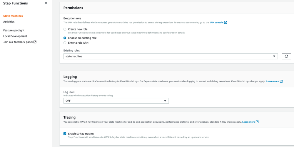 Settings required to enable tracing for Step Functions.