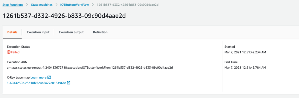 Details of the Step Functions execution failure.