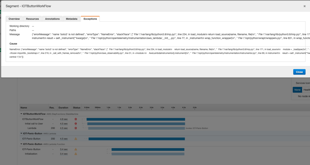 AWS X-Ray Service Map showing error trace & details related to the error in the trace.