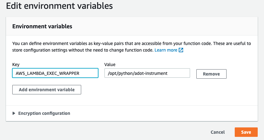 Screenshot of the console when editing environment variables.