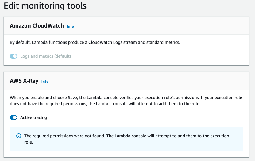 Screenshot showing how to enable Active Tracing in your Lambda function.