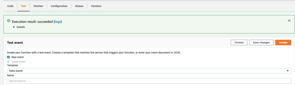 Screenshot displaying the steps to invoke the Sample App with test event.