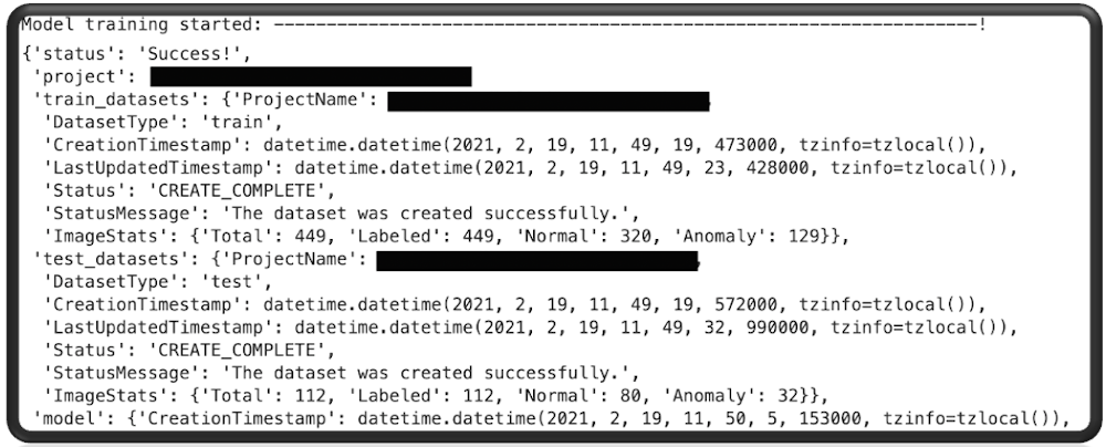 Example output of a model training job