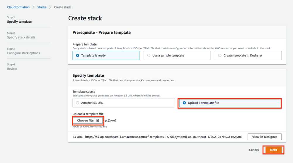 Screenshot of the console highlighting the steps to upload the CloudFormation template file.