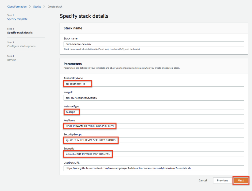 Screenshot of the console highlighting the specifics of the parameters when creating the stack.