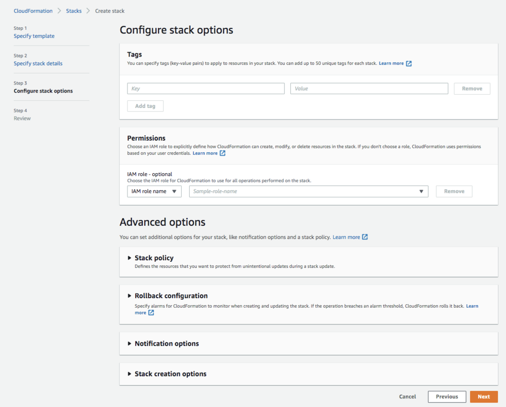 Screenshot of the "Advanced Options" in configuring the stack options.