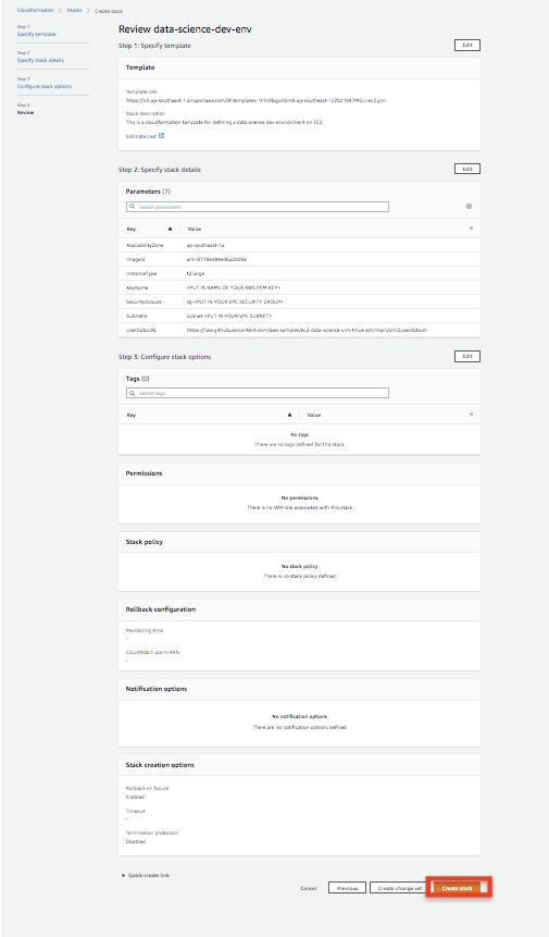 Screenshot of the settings necessary to create the stack.