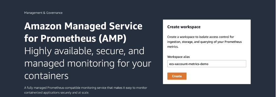 View of AWS console navigated to the AMP service