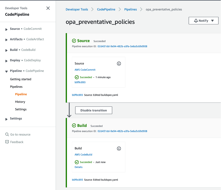 The code changes will automatically launch the pipeline, and the pipeline initiation shows as successful.