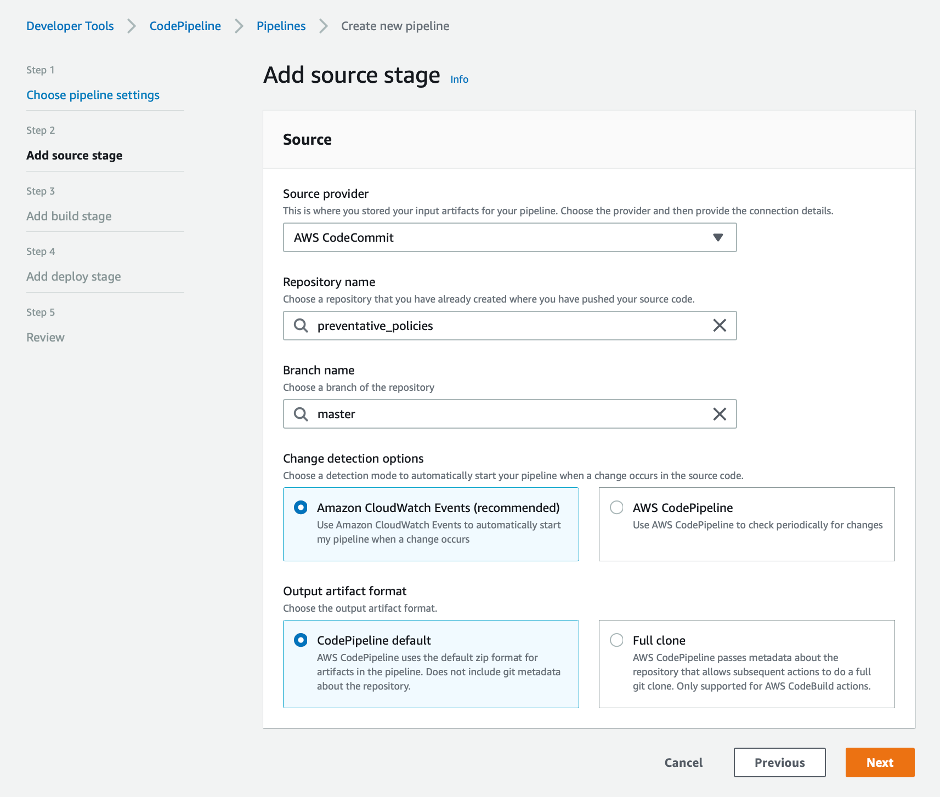 screenshot showing add source stage with AWS CodeCommit as source provider and preventative_policies as repo name