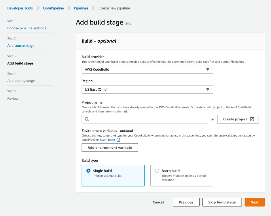 add build stage screenshot showing AWS CodeBuild as teh build provider and region selected
