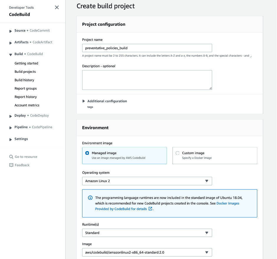 screenshot with project configuration and project name is preventative_policies_build