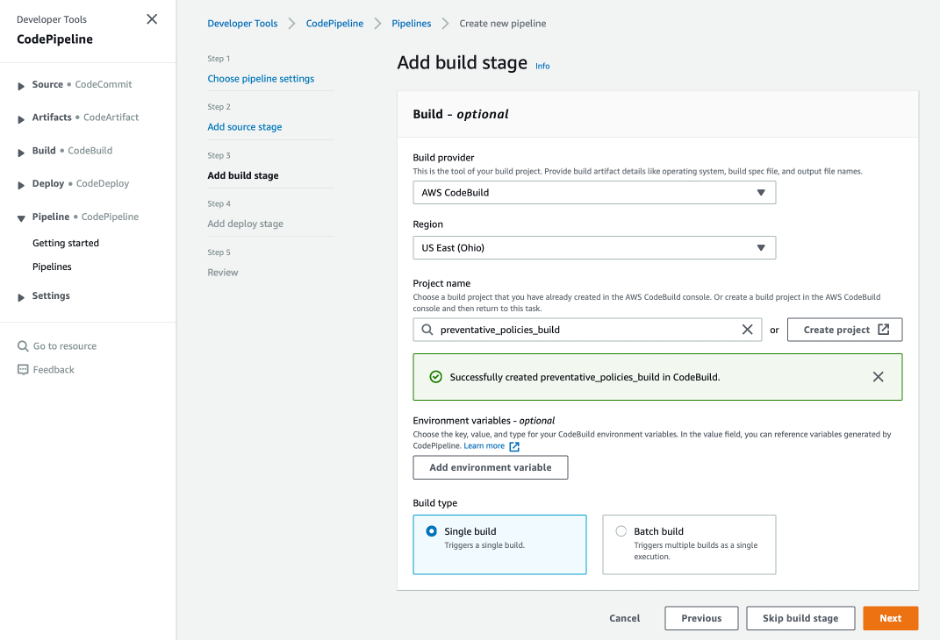 screenshot of adding build stage showing successfully created preventative_policies_build in CodeBuild