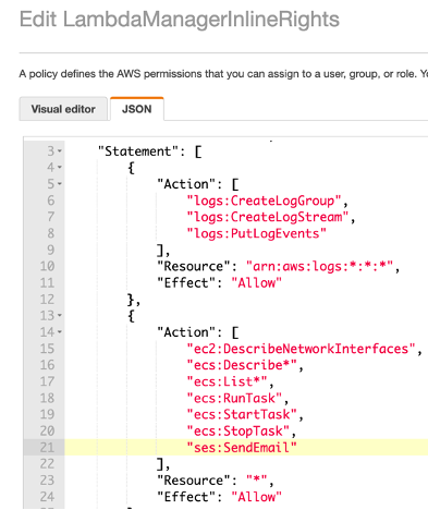 JSON file with Action showing rules for starting task, stopping, and sending email