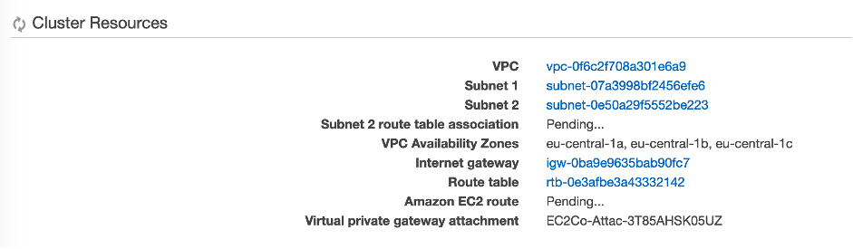 Screenshot: After creating the cluster, you will be shown a list of resources created. Note the name of the VPC and subnets as we will need them later.
