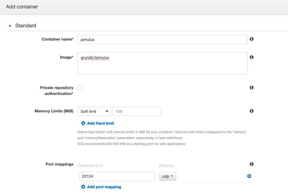 screenshot of adding a container with fields for container name, image name, memory limits, and port mappings