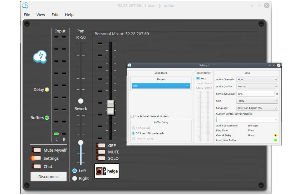 image shows I am connected to the server we just created, waiting for other people to join. With my copper-wire internet connection, the latency (overall delay) is in the range of 50ms, which is barely audible.