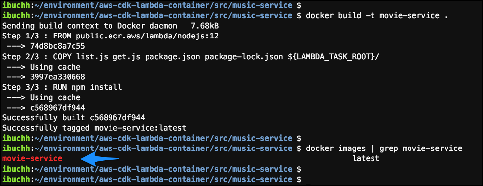 screenshot of output from running cd ~/environment/aws-cdk-lambda-container/src/movie-service docker build -t movie-service . docker images | grep movie-service