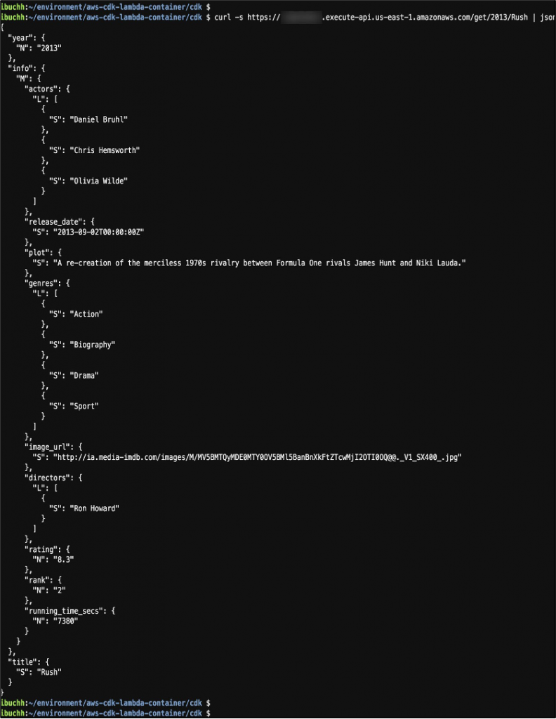 The output shows the integration of the HTTP API with the Lambda function in the API Gateway console.