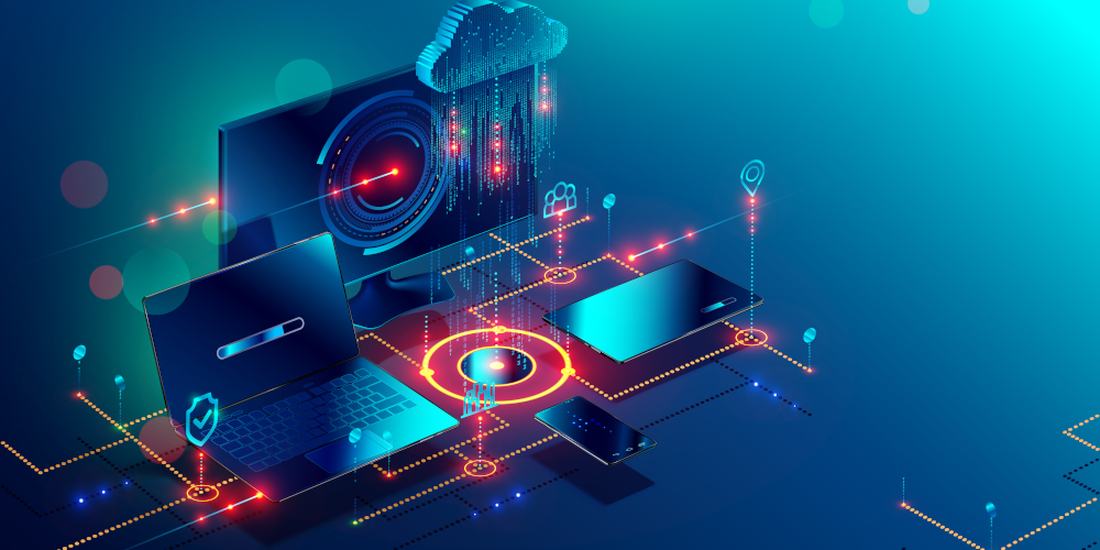 AndSus - stock.adobe.com - Cloud storage communication with computer, laptop, tablet and smartphone in home or work network. Online devices upload, download information, data