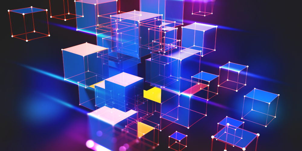 Siarhei - stock.adobe.com - Neon light. Blockchain technology. Information block in the volumetric composition. Glowing edges on a dark background. Full-color 3D illustration of an array of cubes and a polygonal