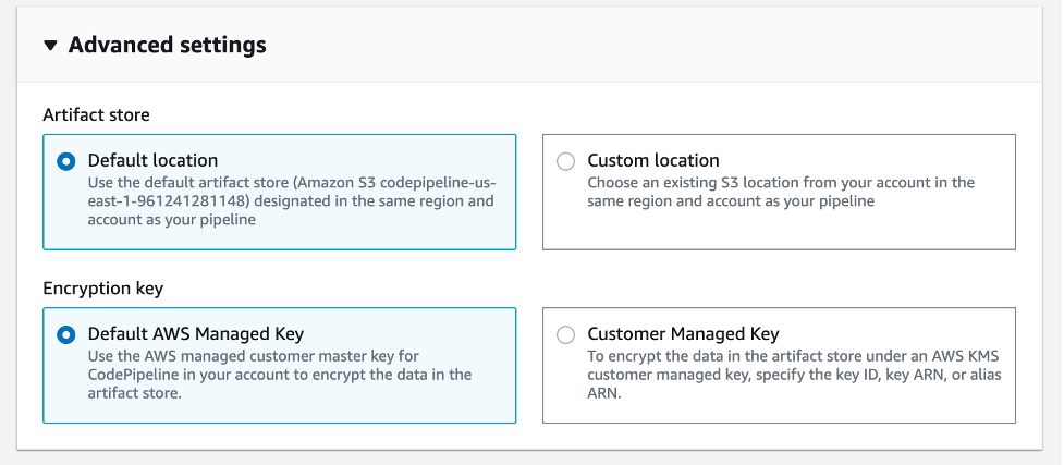 Advanced settings using default location and default AWS Managed Key