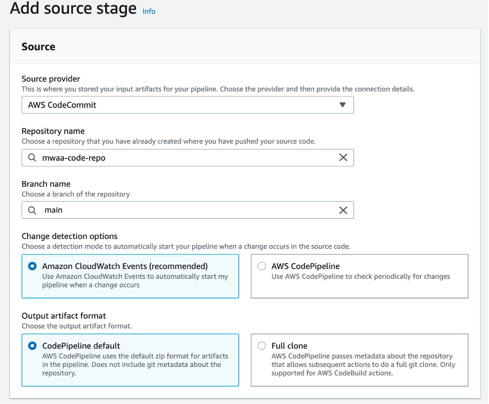 Add source stage showing AWS CodeCommit as the source provider and branch name is main