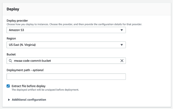 deploy screen with mwaa-code-commit-bucket selected