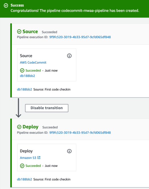 success screen for pipeline creation