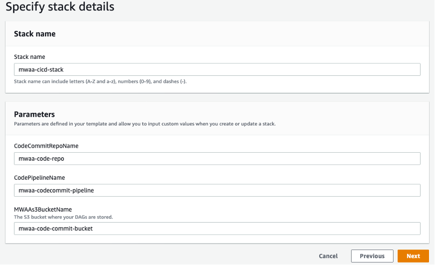 specify stack details shows stack name mwaa-cicd-stack and parameters fields filled in