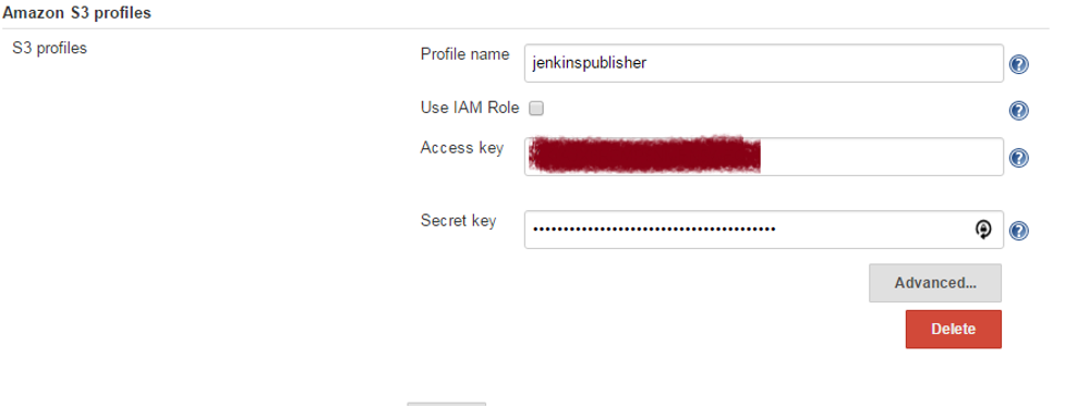 Amazon S3 profiles with profile name, access key, and secret key fields completed