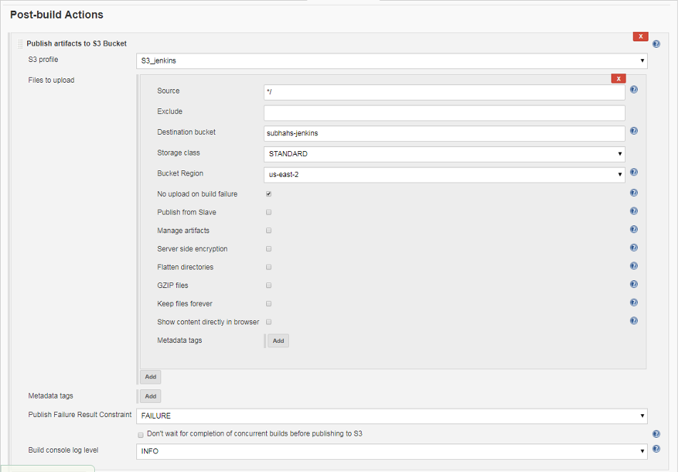 post-build actions screen with destination bucket and bucket regions selected