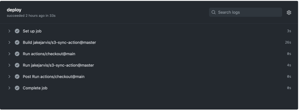 screenshot showing deploy succeeded and all actions have check marks next to them