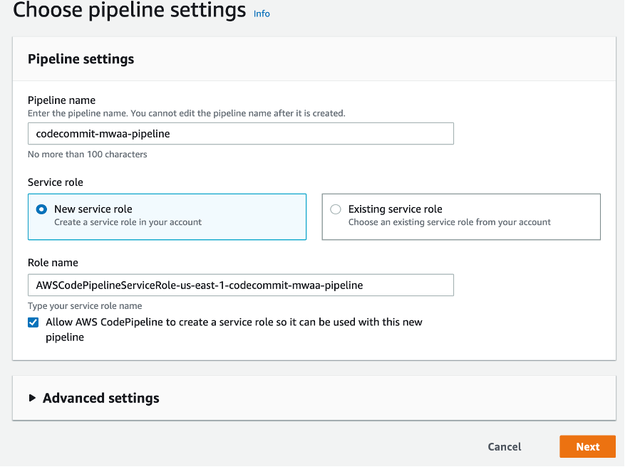 Pipeline settings showing name codecommit-mwaa-pipeline and new service role