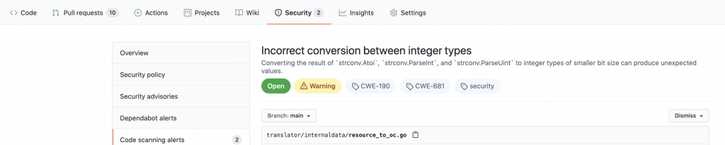example of an alert: message says incorrect conversion between interger types