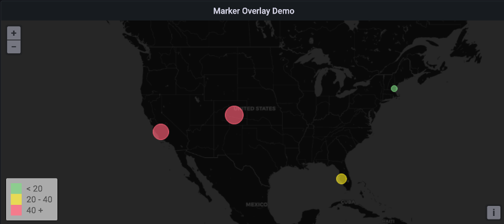 Geomap panel should look like the visualization - a US map with red circles in california and the midwest, a yellow circle in Florida, and a green circle in Maine