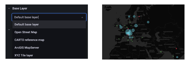 Screenshot of base layer options available in the Geomap plugin, as described in the post.