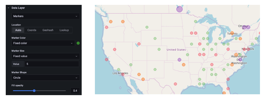 Figure 5: Data layer UI using Markers overlays. The left side of the image shows settings, and the right side shows a United States map with colored circles on it.