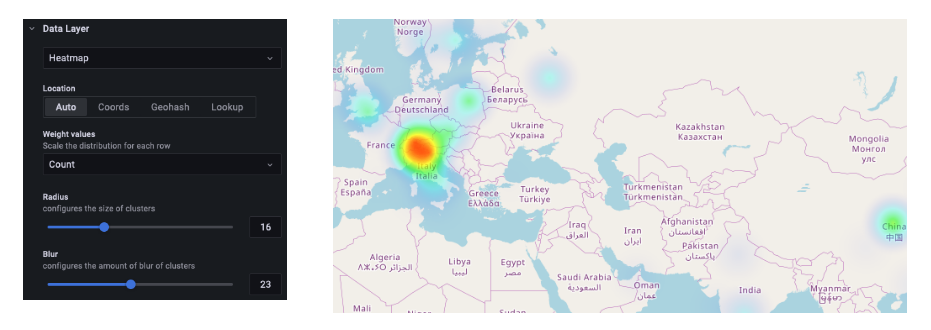 Figure 6: Data layer UI using heatmap overlays. Left side of screen shows UI options; right side shows world map with a headmap hot spot.