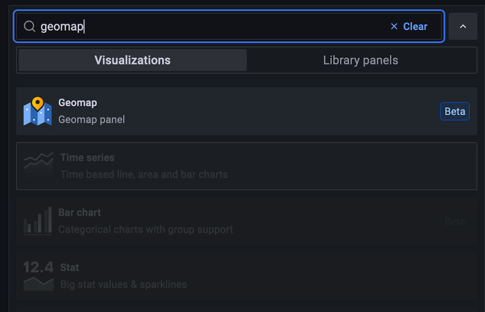 Screenshot showing Geomap in the available list of visualizations.