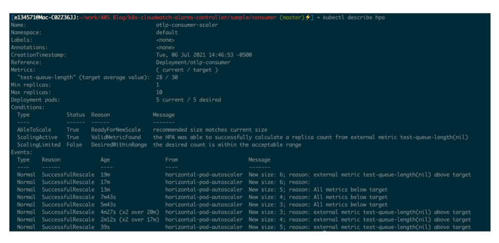 Screenshot showing the HPA scaled the number of consumers up to 5 within 15 minutes of running the application.