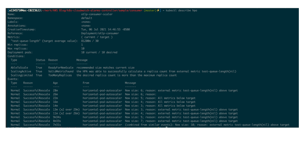 Screenshot showing HPA scales deployment to configured maximum of 10 pods.