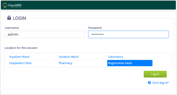 Figure 7: OpenMRS login page after deployment of OpenMRS Reference Application.