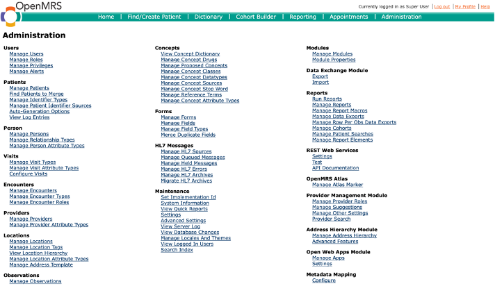 Figure 9: Main Administration panel for OpenMRS admin.